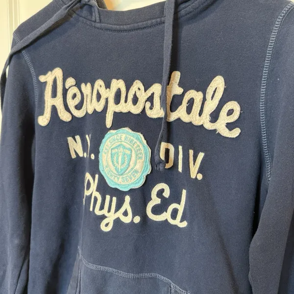 VTG Aeropostale Womens Y2K Navy Hooded Sweatshirt Large Preppy Mall Spellout - Image 3