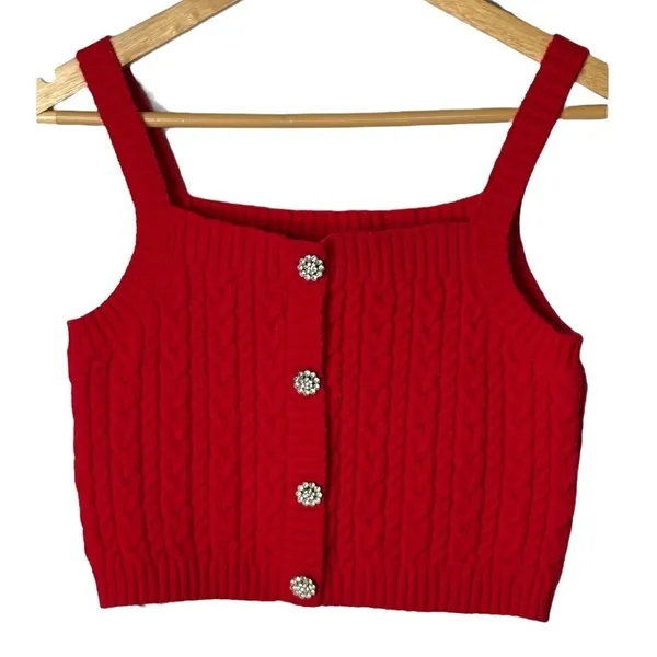 Papaya Red Cable‎ Knit Crop Tank Top Small Rhinestone Accents Camisole Y2K - Image 3
