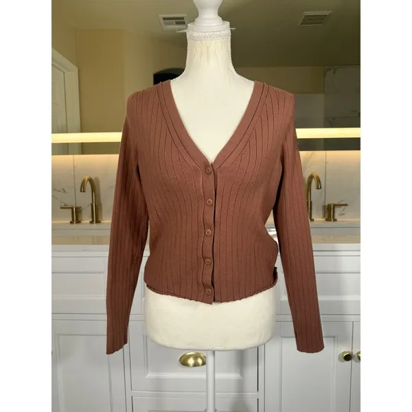 Abercrombie & Fitch Cardigan Womens Medium Brown Ribbed V Neck Button Front Knit - Image 2