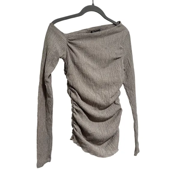 Zara Taupe Ruched Long Sleeve Off Shoulder Top M - Image 4