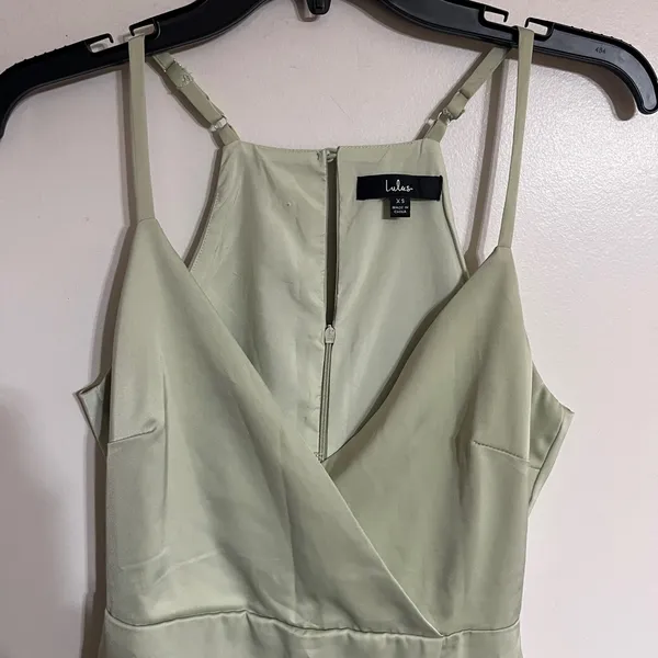 Lulus Sage Green Satin Mini Dress Halter‎ Neck Asymmetrical Hem Size XS - Image 2