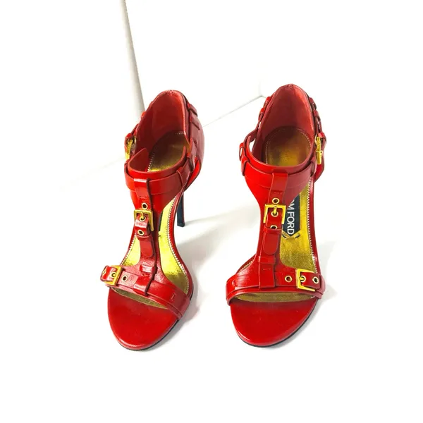 Tom Ford Red Leather Buckle T Strap High Heel Sandals EU 37.5 - Image 9