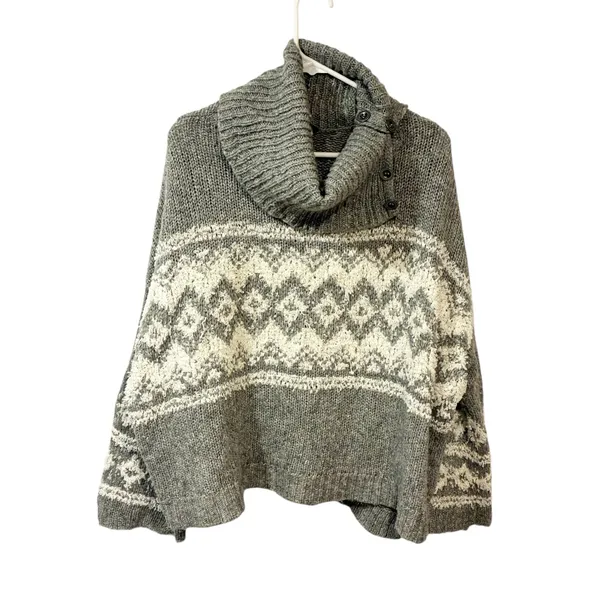 Free People Fairisle Split‎ Neck Wool Blend Sweater Gray Ivory Size Medium - Image 2