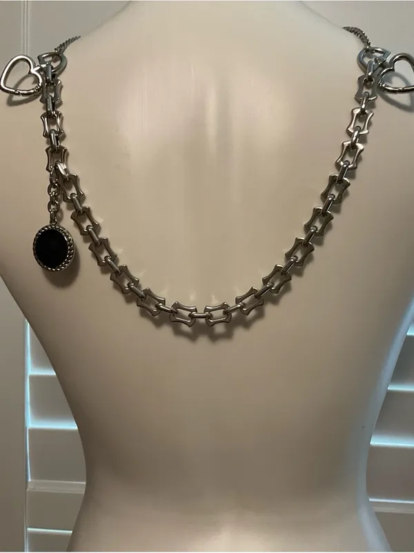 Silver Link Necklace with Black Round Pendant and Heart Accents - Women Jewelry - Image 2