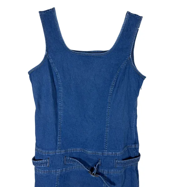 Vintage Forenza Blue Denim Mini Dress Sleeveless Belted Stretch Size 12 90s Y2K - Image 2