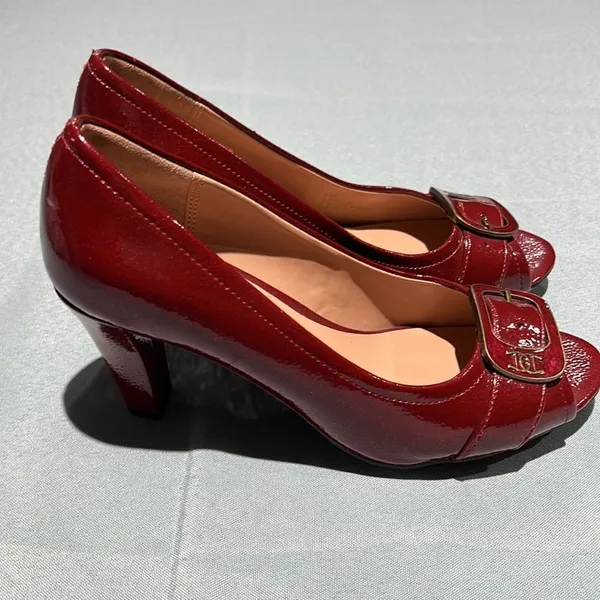 ETIENNE‎ AIGNER Dune Red Patent Vegan Open-Toe Heels Shoes Size 6.5M Buckles B42 - Image 5
