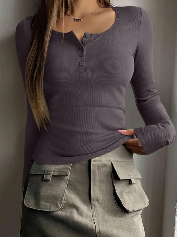REORIA Women Fall Long Sleeve Henley T Shirts Casual Basic Tops Grey. Size XL - Image 3