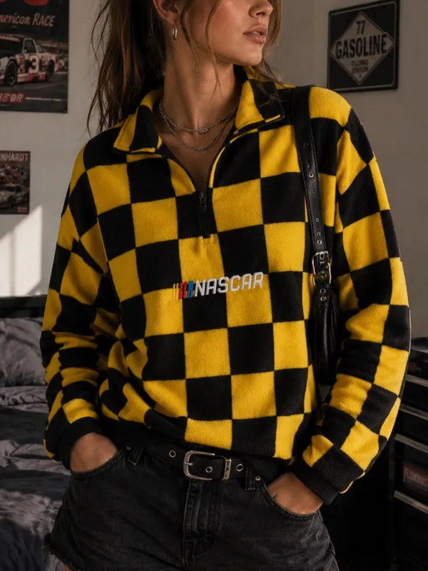 NASCAR Checkered Quarter Zip Fleece Sweatshirt Cropped Y2K Streetwear - Image 11