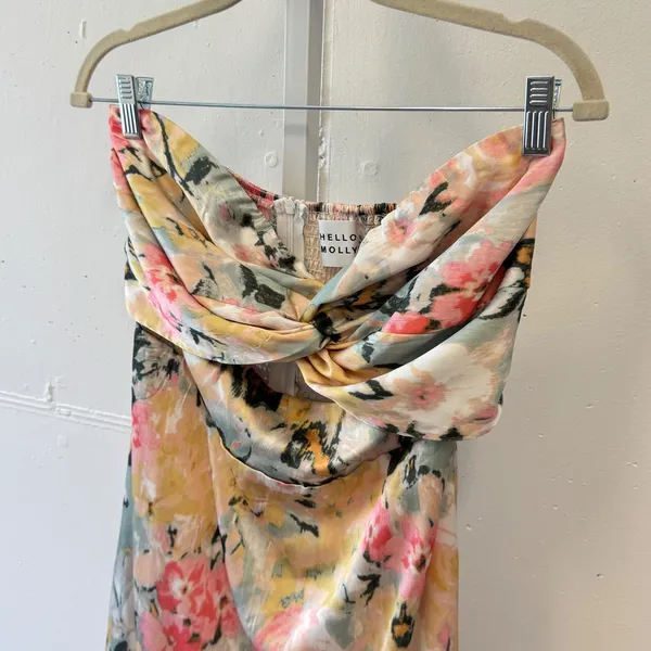 Hello Molly Scenic Drives Midi Dress‎ Floral Twist Front Smocked US 10 Satin - Image 4