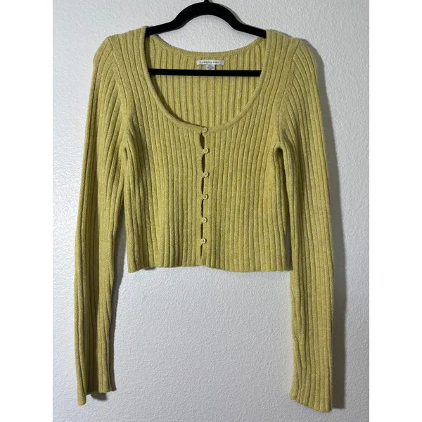 American Eagle Women's Size M Button-Front Cardigan Green-Yellow Cozy Cropped - Image 2