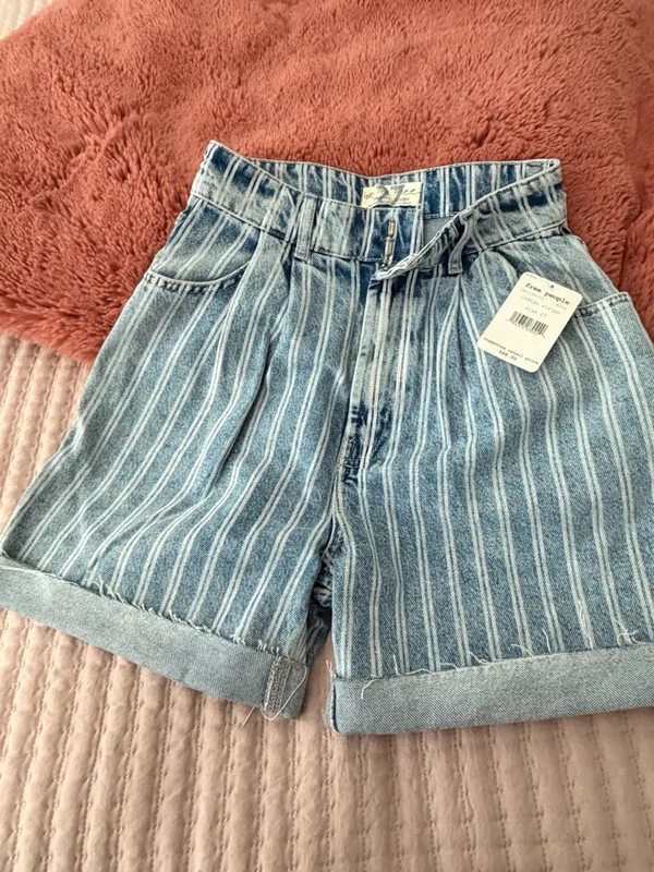 Free People Blue and White Striped Denim Shorts - Image 4