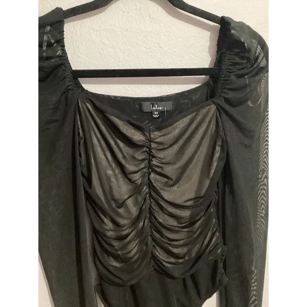 Lulus Flirty Night Out Black Ruched Mesh Bodysuit XS - Image 4