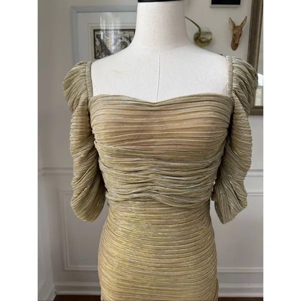 Miss Circle Sorrel Gold Ruched Chiffon Long Maxi Dress Formal Gown $250 M - Image 4