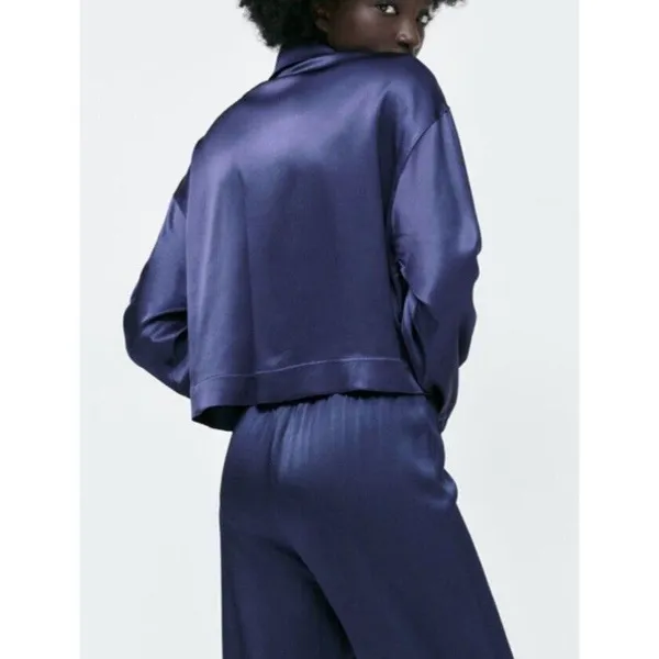 Zara Long Sleeve Satin Effect Crop Track Jacket Stretch Pockets M Sapphire Blue - Image 5
