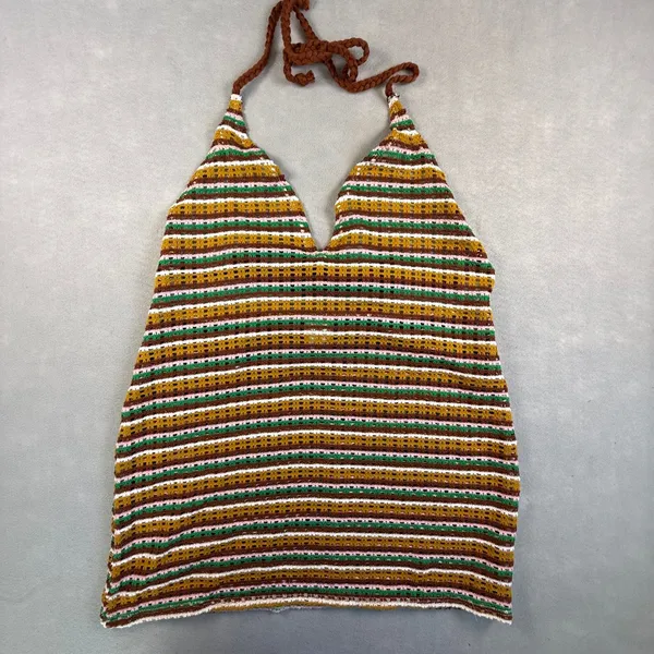 Wild Fable Striped Crochet Halter Top Brown Green Mustard Pink Large Boho - Image 2