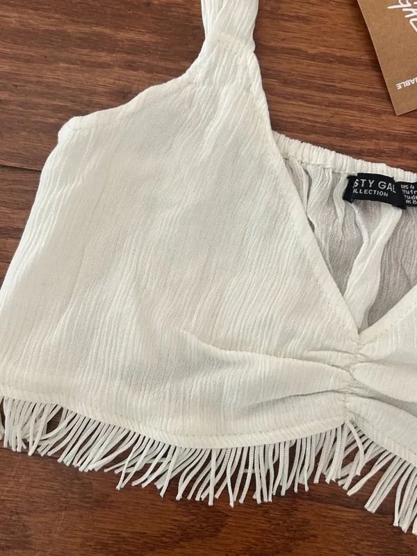 NWT Nasty Gal Crinkle Fringe Hem Bralette Size Crop Top Size Small Size 4 Cream - Image 3