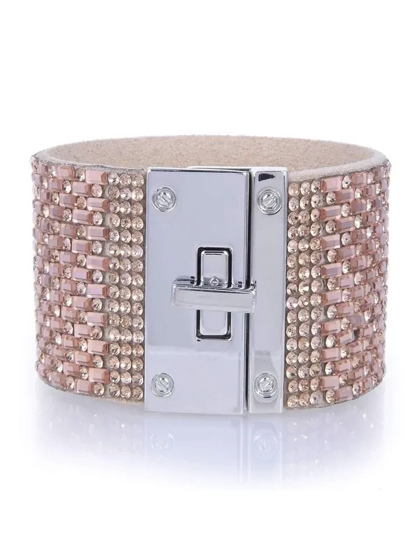 8” Wide Cuff Pink Gemstone Leather Bracelet - Image 3