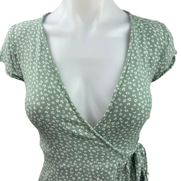 Abercrombie & Fitch Green Floral Ruffle Asymmetric V-neck Midi Wrap Dress Sz 2XS - Image 3