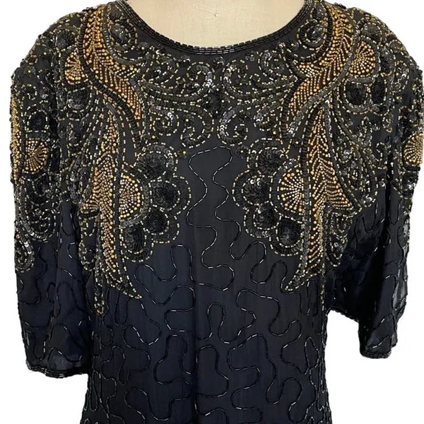Vintage Black & Gold Silk Beadwork Cocktail Dress Open Back 80s Evening Party - Image 5