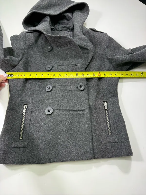 New York & Company Wool Blend Dark Gray Hooded Double-Breasted Pea Coat - Image 4