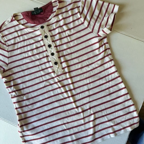 Lauren Ralph Lauren Women's Top Medium Red Cream Striped Cotton Button Nautical - Image 3