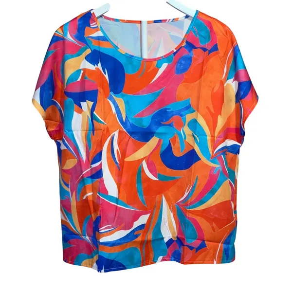 Colorful Abstract Print Blouse Tropical Resort Dopamine Dressing Vacation Top XL - Image 2