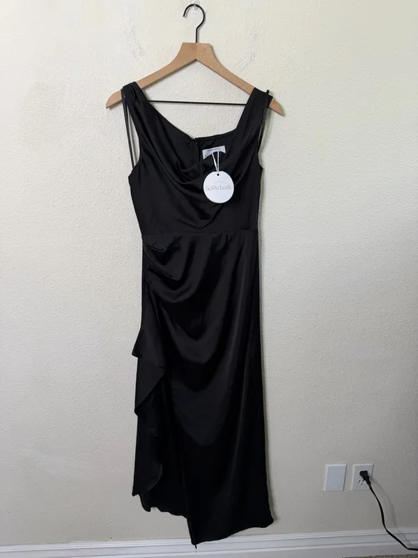 NWT Selfie Leslie Sensations‎ Off Shoulder Satin Maxi Dress Black Womens Size M - Image 6