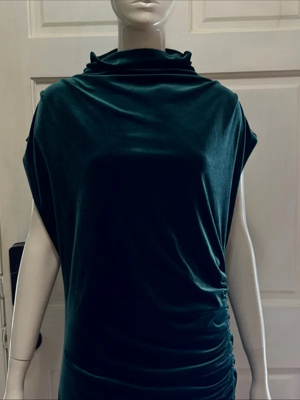 ANTHROPOLOGIE The Maya Stretch Velvet Cowl-Neck Em Teal Velvet Ruched Dress S XL - Image 6