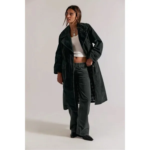 Free People Retro 70s Fox Cord Corduroy Duster Trench Coat Dark Charcoal Small - Image 3