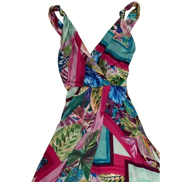 ZARA Multicolor Satin Effect Tropical Scarf Print V- Neck Midi Dress - S‎ NWT - Image 8