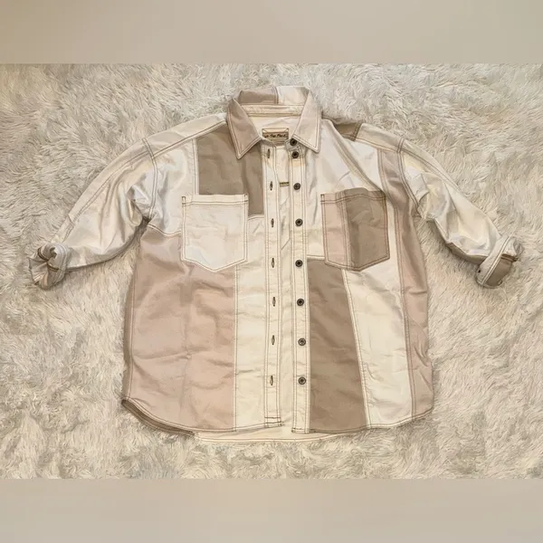 NEW FREE PEOPLE Ivory Mountain Roads Denim Button-Up ivory combo Shirt jacket L - Image 5