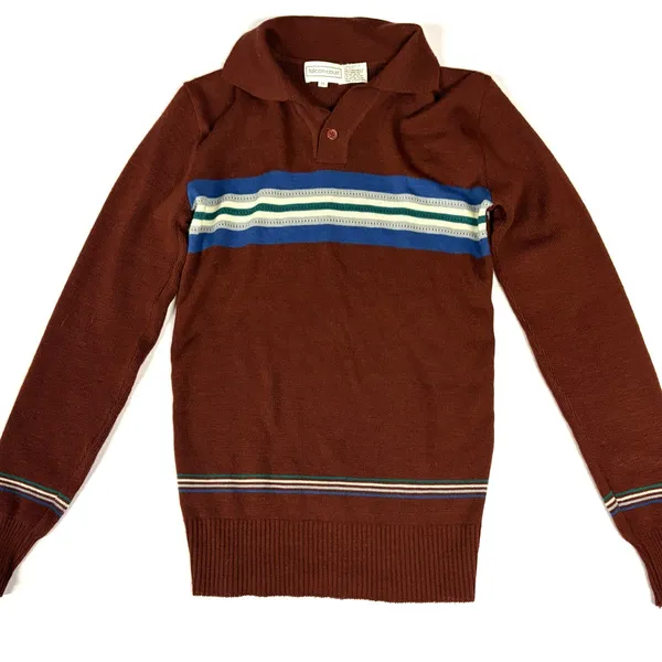 Vintage Falcon Court Burgundy Striped Knit Polo Sweater Brown Blue Green M - Image 5