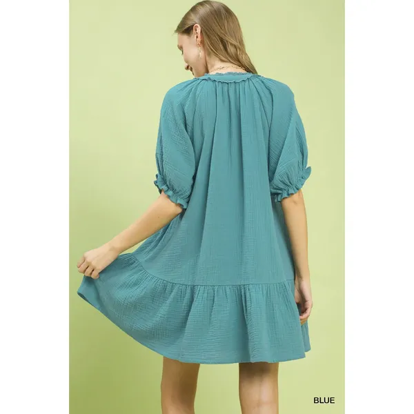 Umgee Cotton Gauze Mini Dress - Blue - Small - Image 3