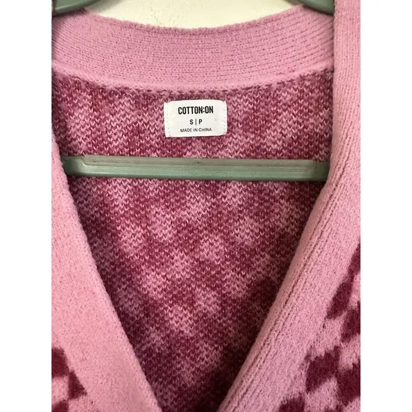 Cotton On Knit Cardigan Fluffy Optical Splice Berry Sz Small Checkered - Image 4