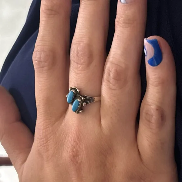 Vintage Bell‎ Company Sterling Silver Turquoise Double Stone Ring size 7 native - Image 2