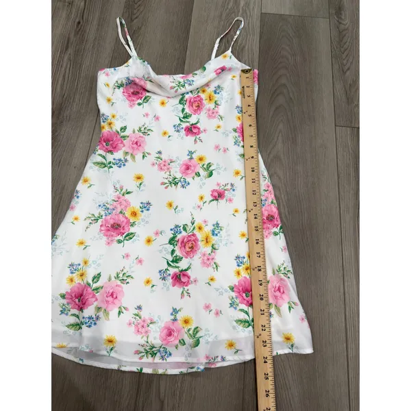 Altar'd State Girly Floral Pink Cowl Neck Satin Casual Mini Dress XS - Image 3