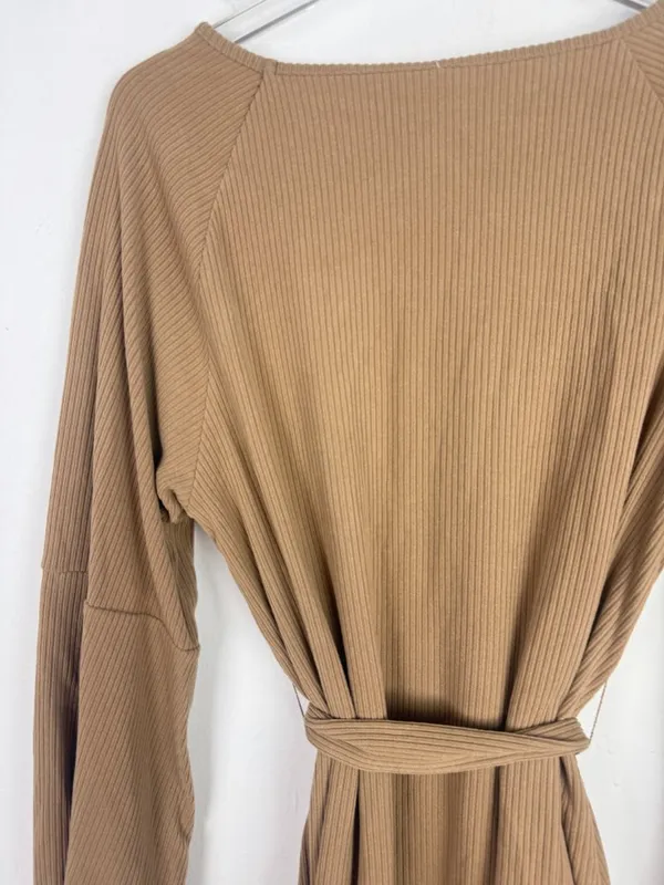 NWT Cupshe Belted Bishop Sleeve Rib Knit Mini Dress Brown Tan Size Medium M NEW - Image 9