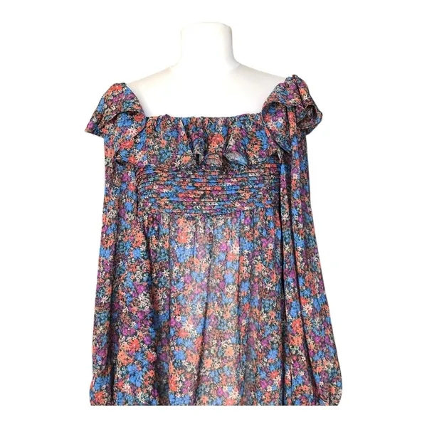 For Love & Lemons Brittany Floral Midi Dress Smocked Ruffle Medium NWT Romantic - Image 4