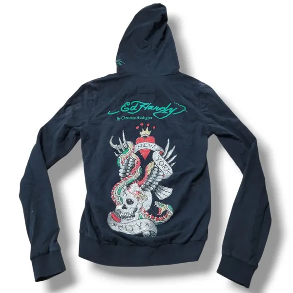 Y2k Vintage Ed Hardy Sweatshirt Small Zip Up Hoodie NYC Skull Eagle Snake Fading Faded Discoloration - Image 2