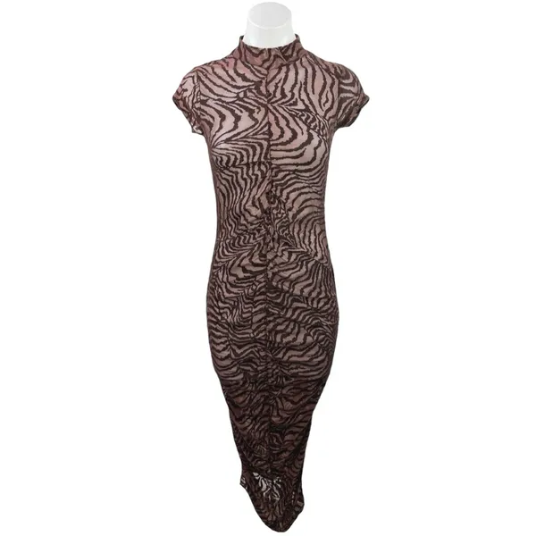 PrettyLittleThing Brown Mesh Animal Zebra Print High Neck Maxi Bodycon Dress 4 - Image 3