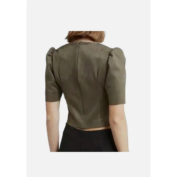 Tahari Faux Leather Suede Puff Sleeve Cropped Blouse Olive Short Sleeve Zip LRG - Image 2
