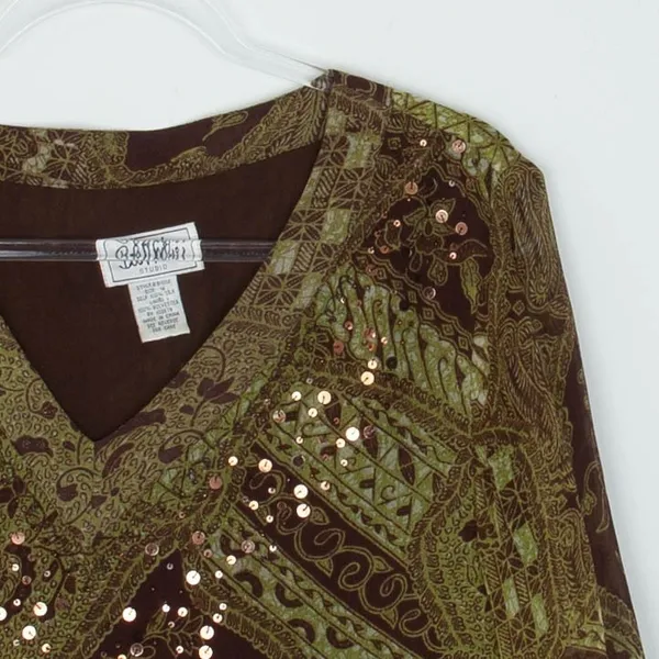 Bob Mackie Womens Art To Wear Silk V Neck Sequin Top‎ Size 14 3/4 Sleeve Office - Image 2