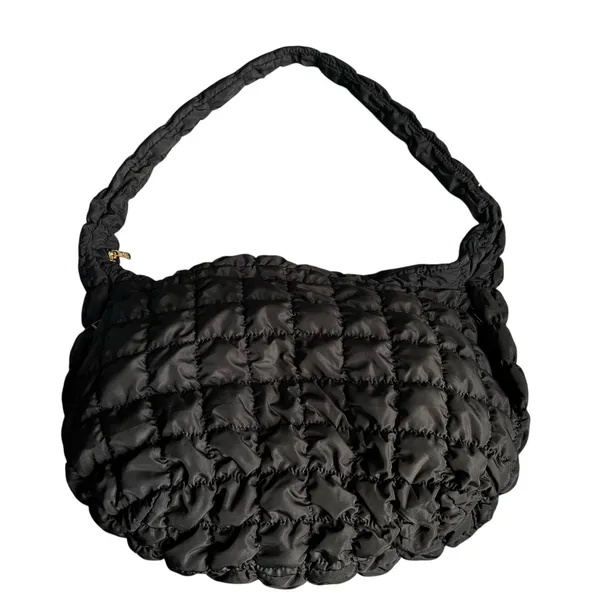 Black Quilted Puffer Shoulder Crossbody Hobo Bag - Image 2
