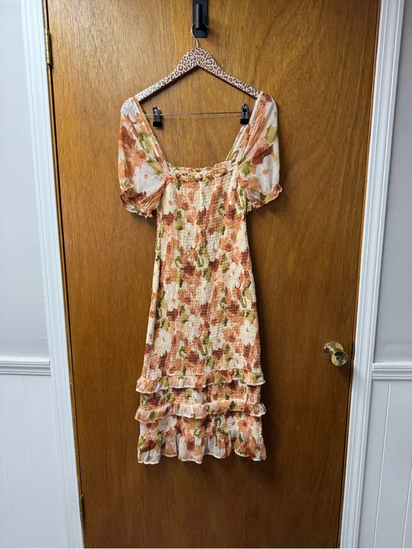 Abercrombie & Fitch Smocked Short Sleeve Floral Ruffle Midi Dress Orange Small - Image 13