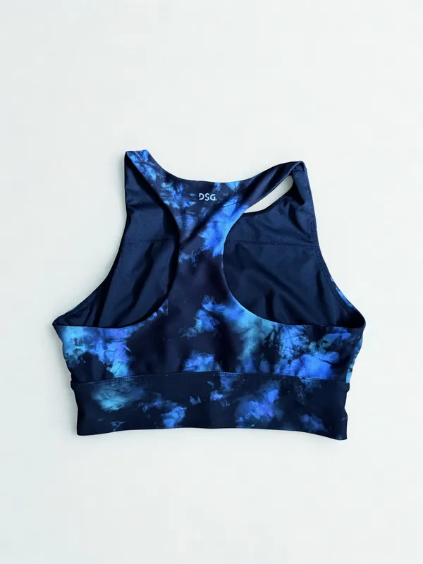 DSG Women’s High Neck Longline Sports Bra Blue Black Tie Dye Size Small - Image 2