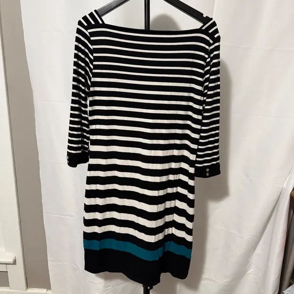 White House Black Market Striped Boat Neck Sheath Dress Black White Teal Medium - Image 4