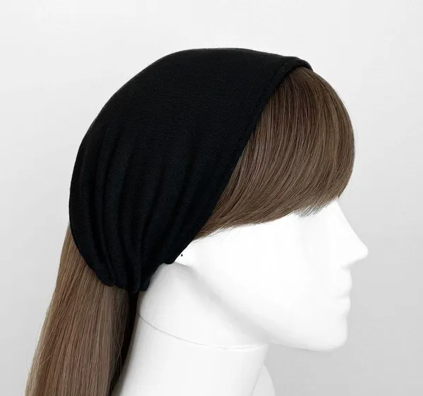 Black Wide Headband - French Terry and Faux Cashmere, Soft Fabric, Hair Scarf, Bandanas, Wide Hairbands - Womens Hair Accessories, Hair Wrap - Image 2