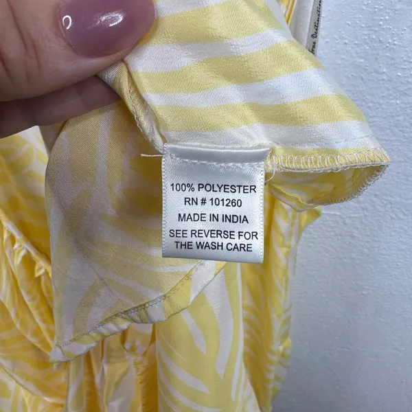 True Destinations Dress Womens M Yellow White Palm Print Tiered Maxi Low Back - Image 5
