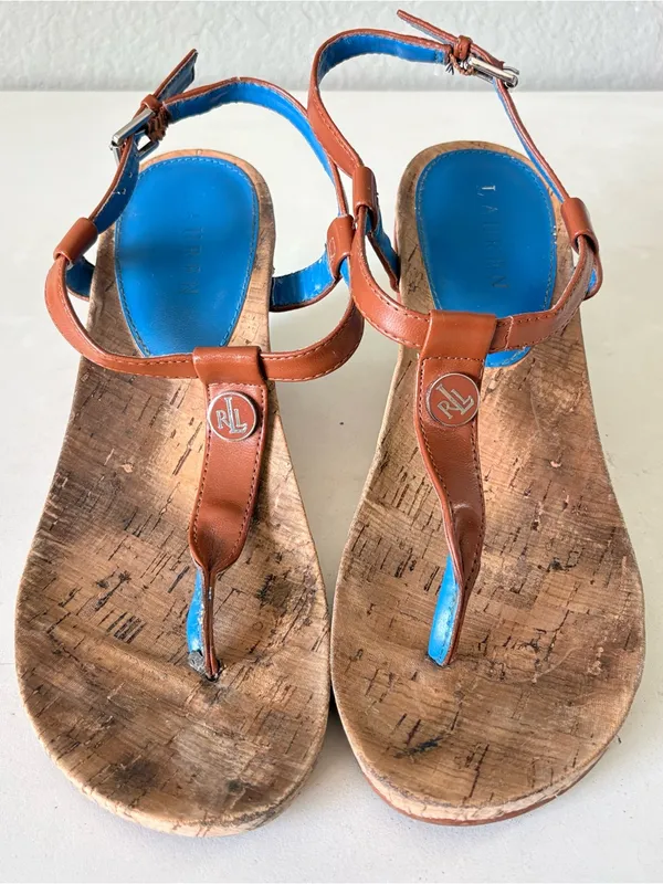Lauren Ralph Lauren Flip Flops Ankle Strap Cork Wedge Sandals Womens Size 6 Blue - Image 3