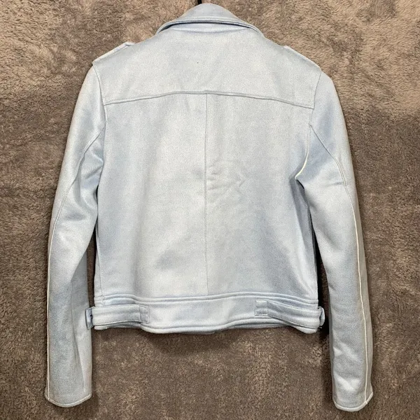 Superdown Women's Moto Jacket Small Light Blue Faux Suede Biker Coat Polyester B - Image 7